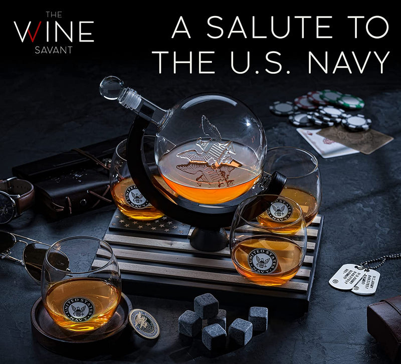 Navy Globe Whiskey Decanter Set